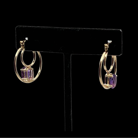 14k Solid Gold Amethyst Double Hoop  Earrings - Picture 8 of 15